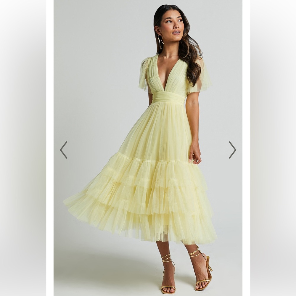 JIRAYE MIDI DRESS - FLUTTER SLEEVE TUELLE PLUNGE DRESS IN LEMON (size Small)
